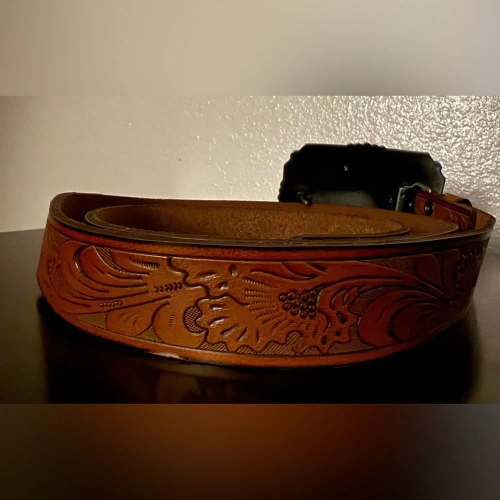 Genuine Hand Tooled Full Grain Leather Western Belt w/ Longhorn Bull Buckle 46